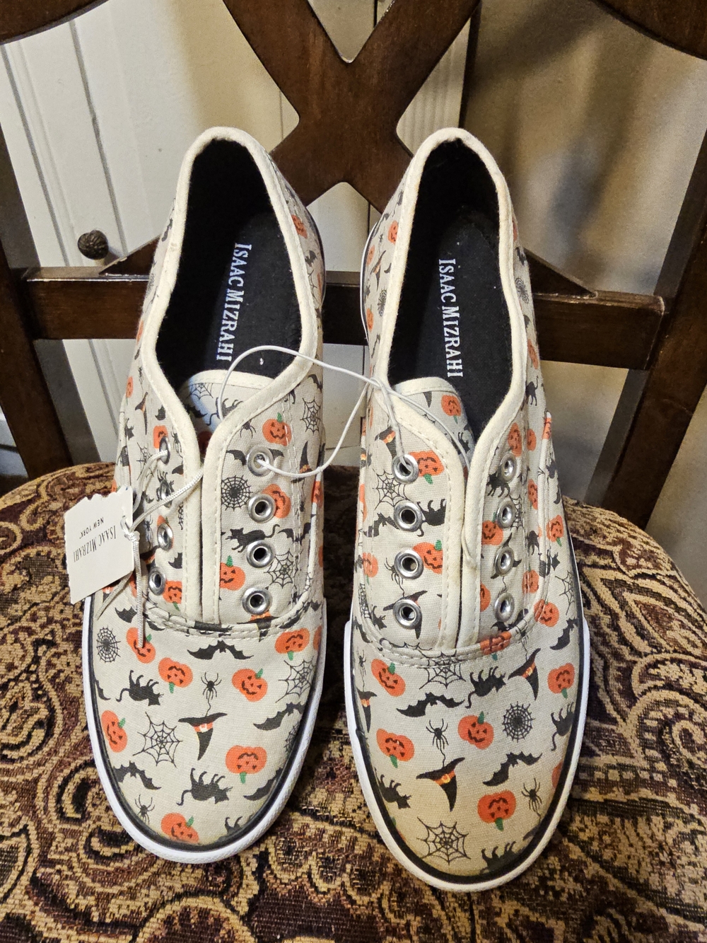 Isaac Mizrahi Cream Canvas Sneakers with Orange Halloween Pumpkin Print